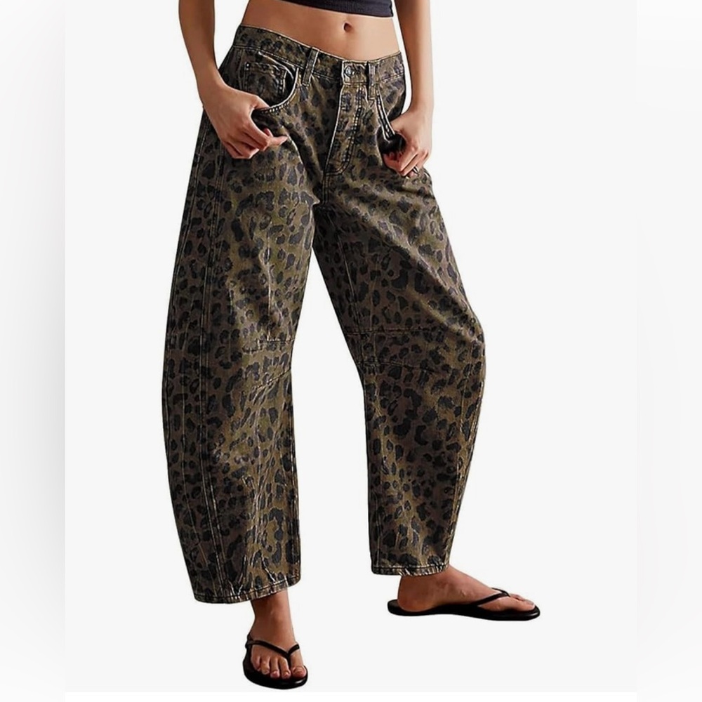 Mid Rise Barrel Jeans Vintage Loose Leopard Print